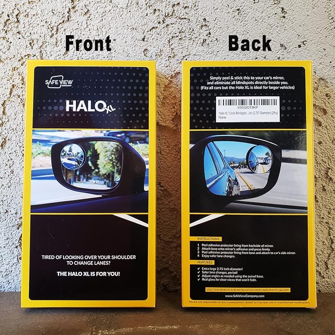 Blind Spot Mirrors for Cars - by Safe View Company - Change Lanes w Confidence - Made from Real Convex Glass - Long Lasting - Easy Peel & Stick (Halo XL)