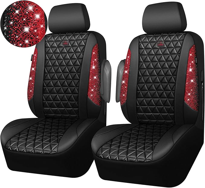 CAR PASS Bling Diamond Black Leather Car Seat Covers for 2 Front Interior Sets, Waterproof Shining Glitter Sparkly Crystal Un