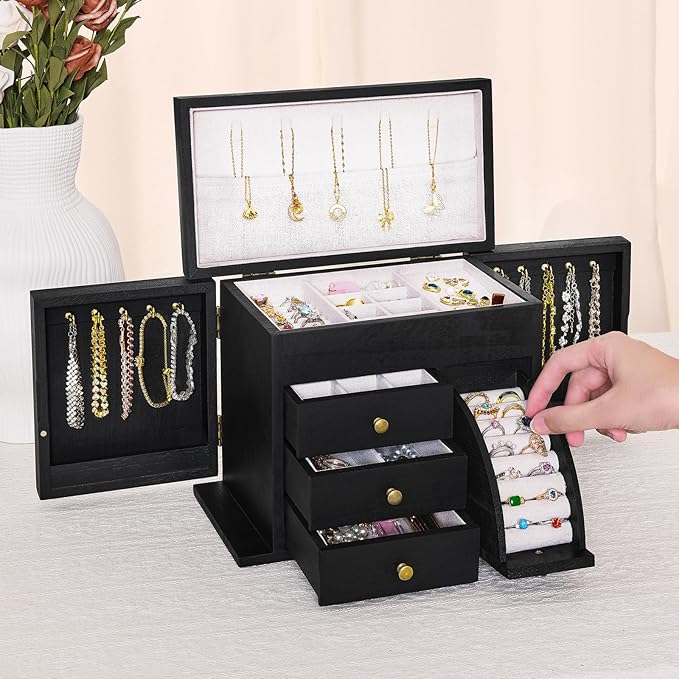 Poyilooo Jewelry Box Organizer, Solid Wood Jewelry Boxes for Women, Double Layer Jewelry Organizer Box Display Earring Neckla