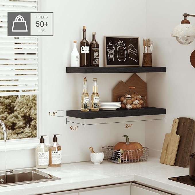 Vivelove Black Floating Shelves for Wall Mounted, 24 inchs x 9.1” Deep x 1.6” Thick Wall Shelves for Bedroom, Living Room, Ba