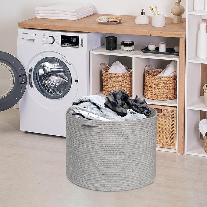 MEGASKET Extra Large Grey Storage Basket, 22" X 22" X 14" XXXL Blanket Basket for Living Room, Gray Wicker Woven Cotton Rope 
