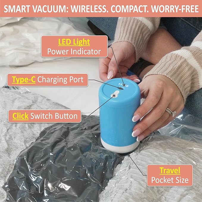 Cozy Essential Travel Vacuum Storage Bags with Rechargeable Cordless USB Pump for Luggage, Suitcase, Carry-on Size Vacuum Sea