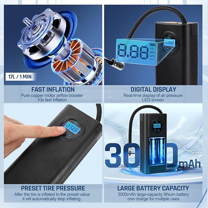 Portable Tire Inflator Air Compressor, Cordless Air Pump for Car Tires, Electric Bike Tire Pump for Motorcycle, Ball, Bicycle (Black)