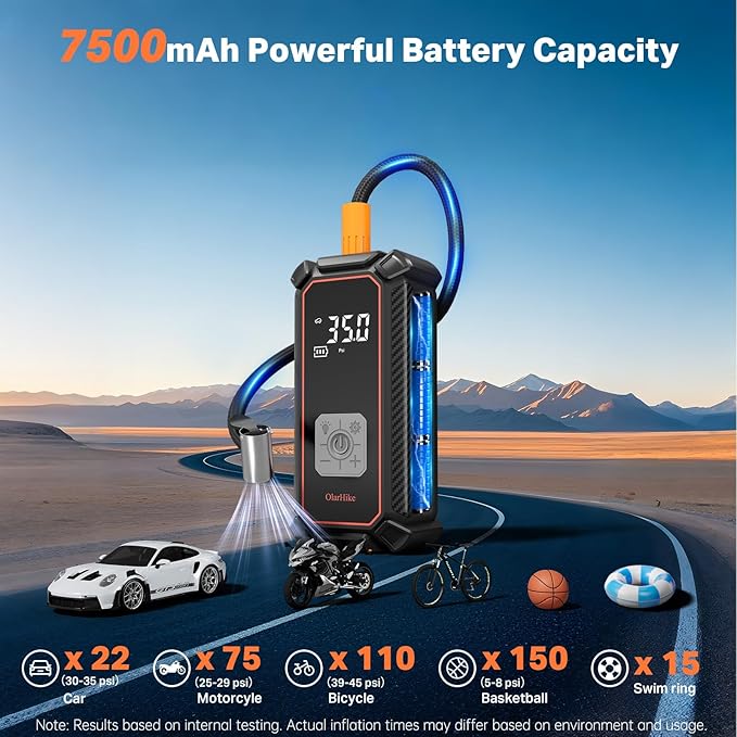 OlarHike Tire Inflator Portable Air Compressor, Battery Powered, 150PSI Dual Mode, Auto Air Pump for Car Tires, Motorcycle, Bicycle, Electric Pump with LED Light & Digital Pressure Gauge