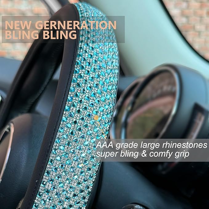PINCTROT D Shaped Bling Comfy Steering Wheel Cover with Jumbo Crystal Rhinestones, Anti-Slip Diamond Leather, Flat Bottom 14.5-15 Inch (Sky Blue)