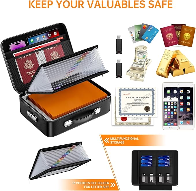 BALAPERI Fireproof File Organizer with Fireproof Zipper,Fireproof Document Box Hard Case with Lock,Portable Document Safe for