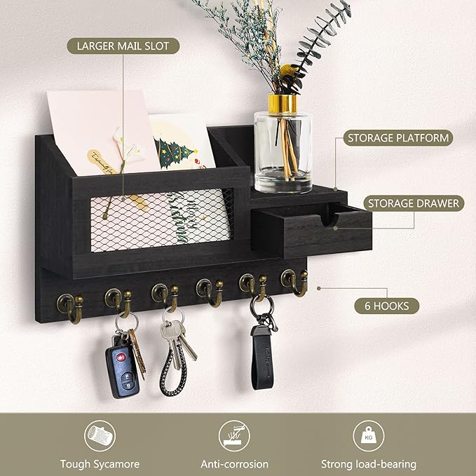 FifthQuarter Key and Mail Holder for Wall, Mail Organizer Wall Mount with 6 Hooks and Storage Drawer, Easy Installation Key R
