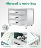 Gifturbo 3 Layer Mirrored Glass Jewelry Box, Large Capacity Women's Storage Box with Velvet Interior and Crystal Handle