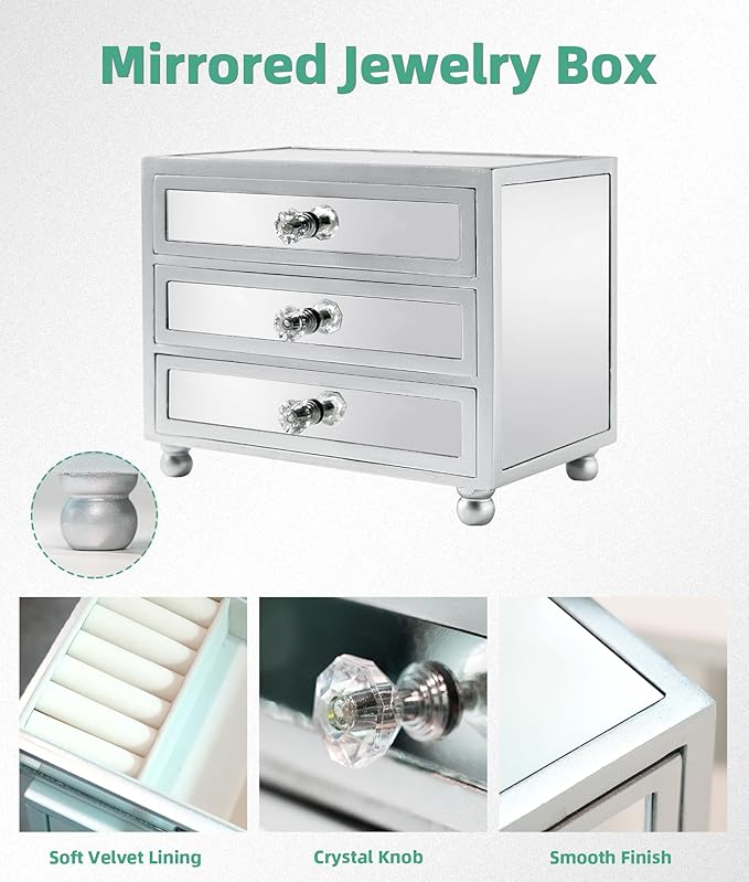 Gifturbo 3 Layer Mirrored Glass Jewelry Box, Large Capacity Women's Storage Box with Velvet Interior and Crystal Handle