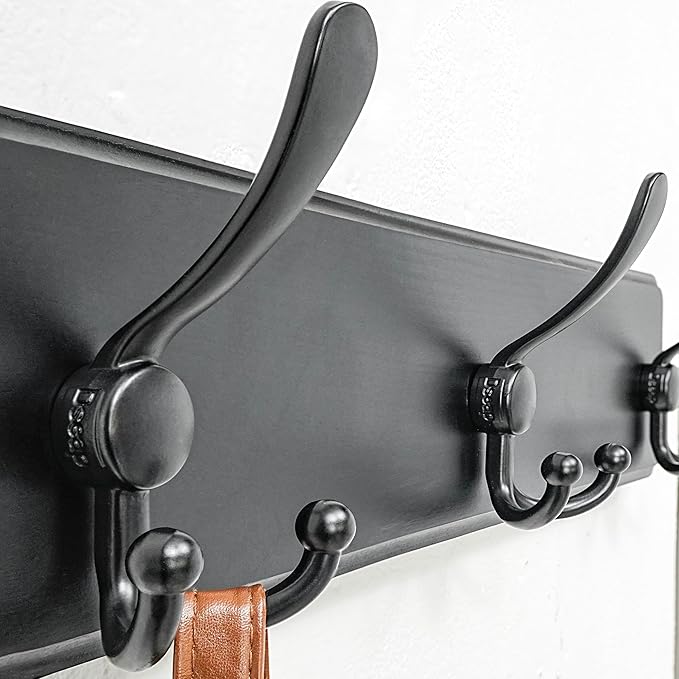 Dseap Coat Rack Wall Mounted - 5 Tri Hooks, Heavy Duty, Wooden Wall Coat Hanger Coat Hook for Clothes Hat Jacket Clothing, Bl