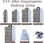 U+U 6 Set Compression Packing Cubes - Ultralight Travel Organizers with Laundry Bag, Space-Saving Suitcase Organizer for Trav