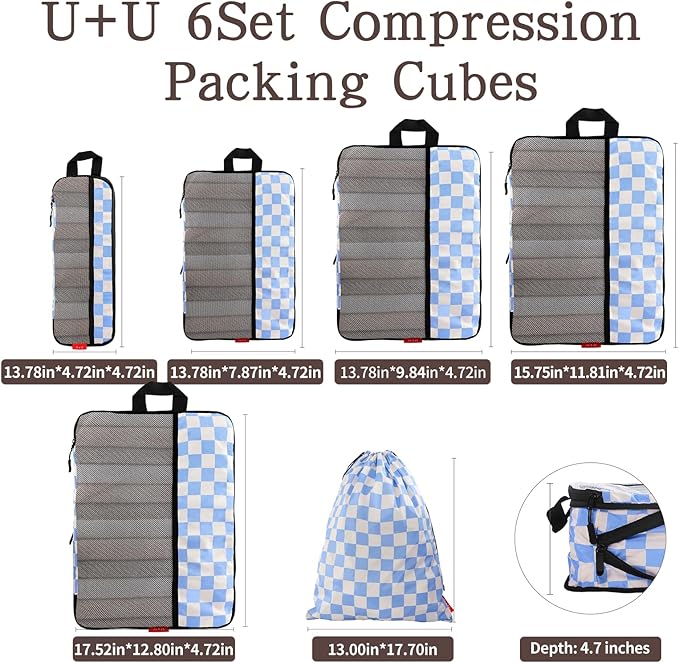 U+U 6 Set Compression Packing Cubes - Ultralight Travel Organizers with Laundry Bag, Space-Saving Suitcase Organizer for Trav