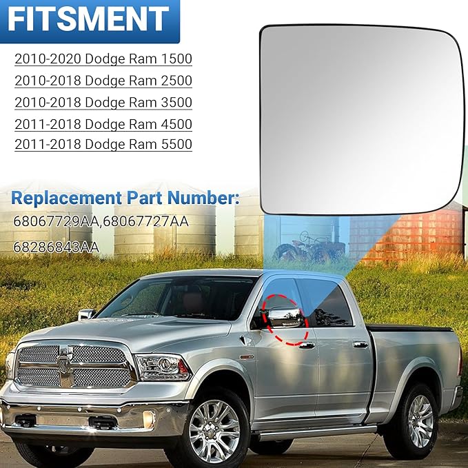 Driver Left Side Mirror Glass Replacement, 3-Tab Backplate ONLY, Compatible with Dodge/Ram 2010-2020 1500 2500 3500 (Not for 4-Tab), Heated Convex Left Side 68067729AA 68067727AA