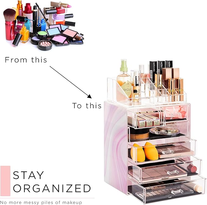 Sorbus Acrylic Makeup Organizer Set, 6-Drawer Vanity & Countertop Cosmetic Storage with Small & Wide Compartments, Tie Dye Ma