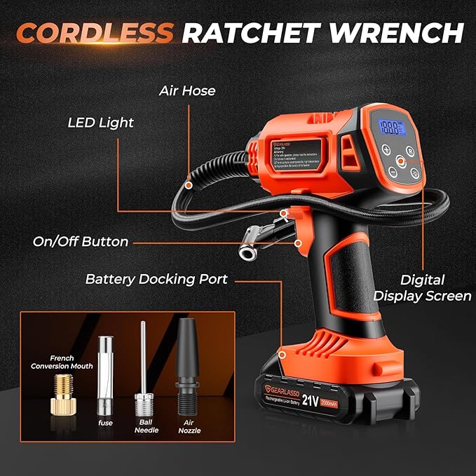 Tire Inflator Portable Air Compressor, 21V Cordless Car Tire Pump, Rechargeable Battery Powered Handheld 160PSI Tire Inflator with Digital Pressure Gauge for Car Motorcycle E-Bike