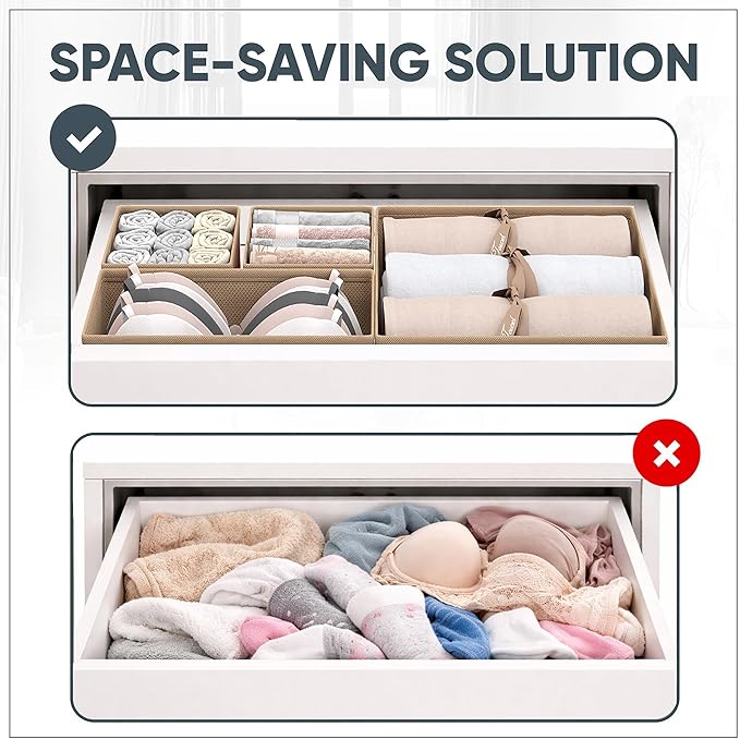 Clothes Organizer, Transform Your Drawers in Seconds - Cream Set of 6 Foldable Storage Boxes with Zipper, Durable 600D Fabric