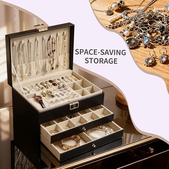 Greenfeather Jewelry Boxes for Women, Jewelry Organizer Box with Lid 3 Layers for Necklaces Rings Earrings and Bracelets Box 