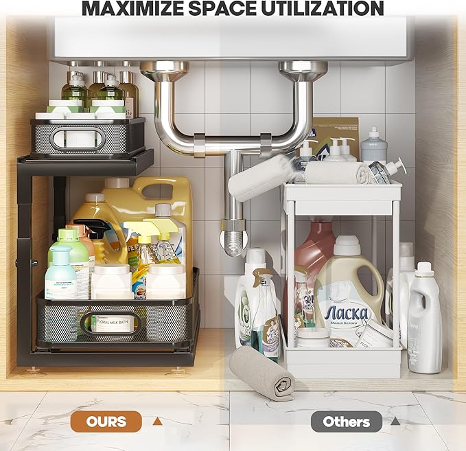 2-Pack 18.5 IN Depth Under Sink Organizer With Next-Gen Ball-Bearing Slides,Sophisticated Mesh 2-Tier Pull Out Shelf for Kitc
