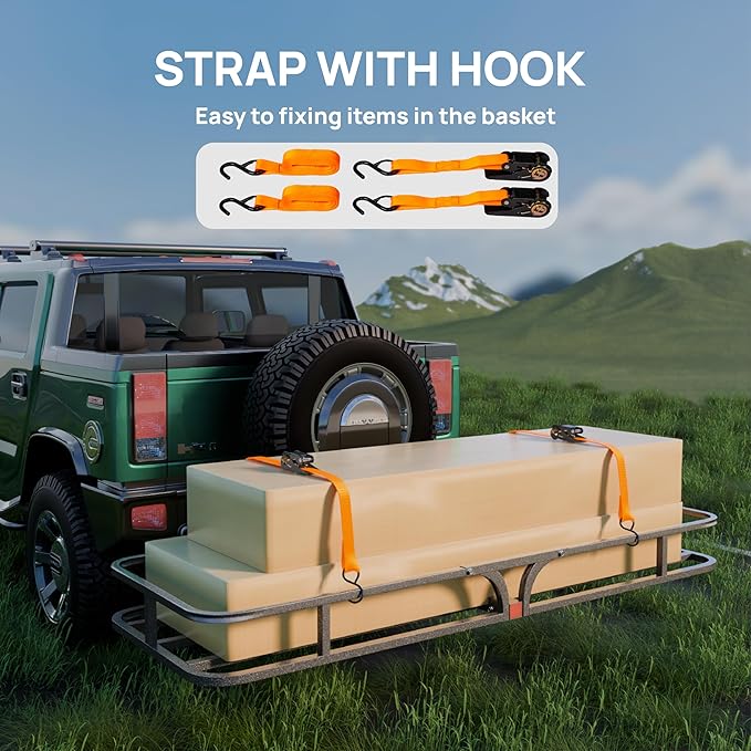 TUFFIOM 54"x19"x5.5" Hitch Mount Cargo Carrier Basket, 500lbs Steel Car Cargo Trailer Hitch Luggage Rack with Straps & Stabilizer for SUV Car Truck Van with 2" Hitch Receiver