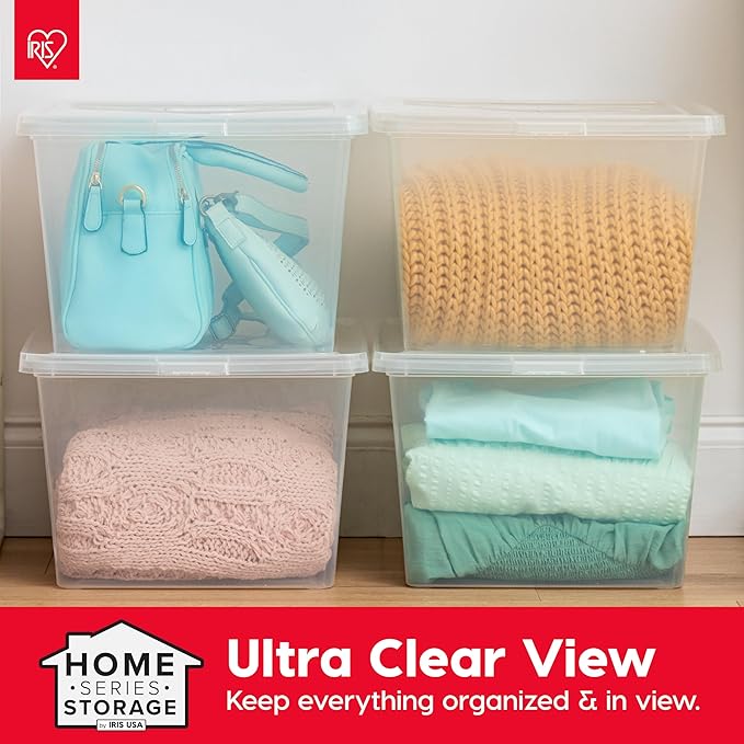 IRIS USA 4-Pack Storage Bins with Lids, 25 Quart, Clear Stackable Containers Box Organize Shoes Closet Shelves Clothes Blanke