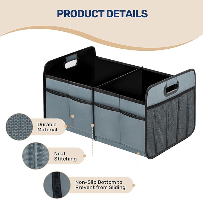 YSSOA Trunk Organizer for Car/SUV/Truck, Collapsible 2 Compartment Automotive Storage Box, 600D Waterproof Oxford Polyester