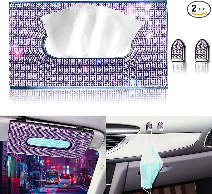 Car Visor Tissue Holder, Sparkling PU Leather Mask Box, Bling Crystals Cover Case & Glitter Mask Hook Clip for Women (Purple)