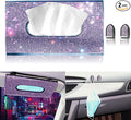 Car Visor Tissue Holder, Sparkling PU Leather Mask Box, Bling Crystals Cover Case & Glitter Mask Hook Clip for Women (Purple)
