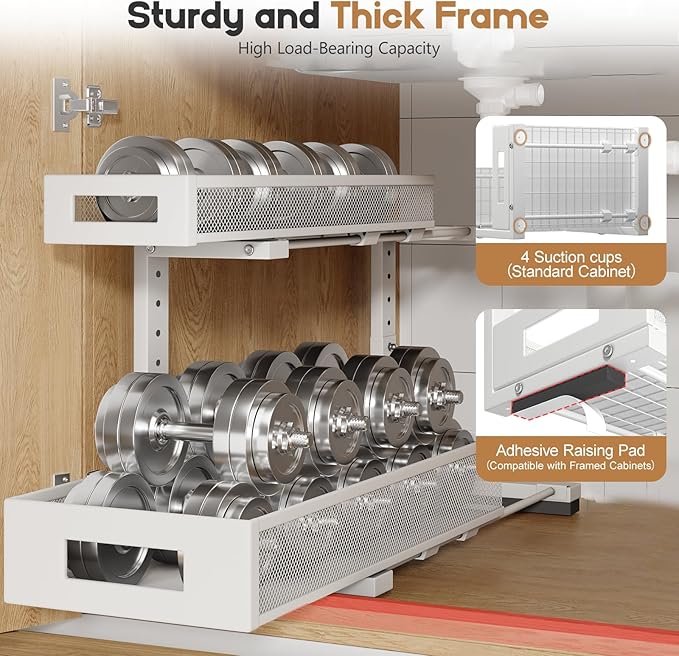 1 Pack 19IN Depth Under Sink Storage Organizer, Large 2-Tier Elegant Mesh Pull Out Shelf for Kitchen and Bathroom Cabinet Org