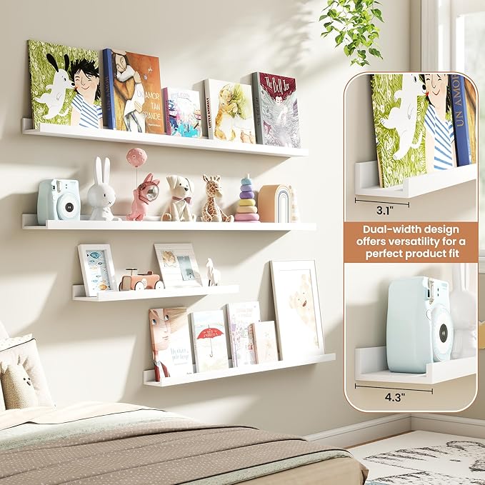 Fun Memories Picture Ledge Shelves Set of 4, 48 Inch Rustic Wall Mounted Floating Shelves with Lip for Home Storage and Décor