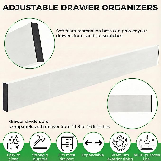4 Pack Bamboo Drawer Dividers 2.6" High, Adjustable Length from 12 Inch to 17 Inch, Expandable Kitchen Drawer Organizer Separ