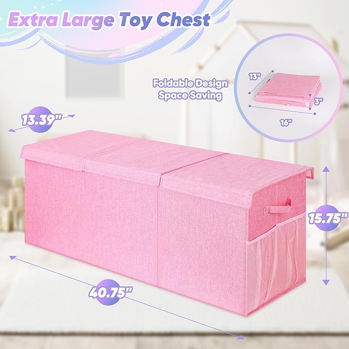Mabahoo Extra Large Toy Box, Toybox for Kids Boys Girls, Collapsible Sturdy Toy Storage Organizer with Mesh Pockets, 40"x14"x