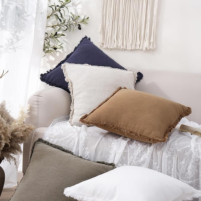 Foindtower Set of 2 Decorative Linen Fringe Throw Pillow Covers Cozy Boho Farmhouse Cushion Cover with Tassels Soft Accent Pi