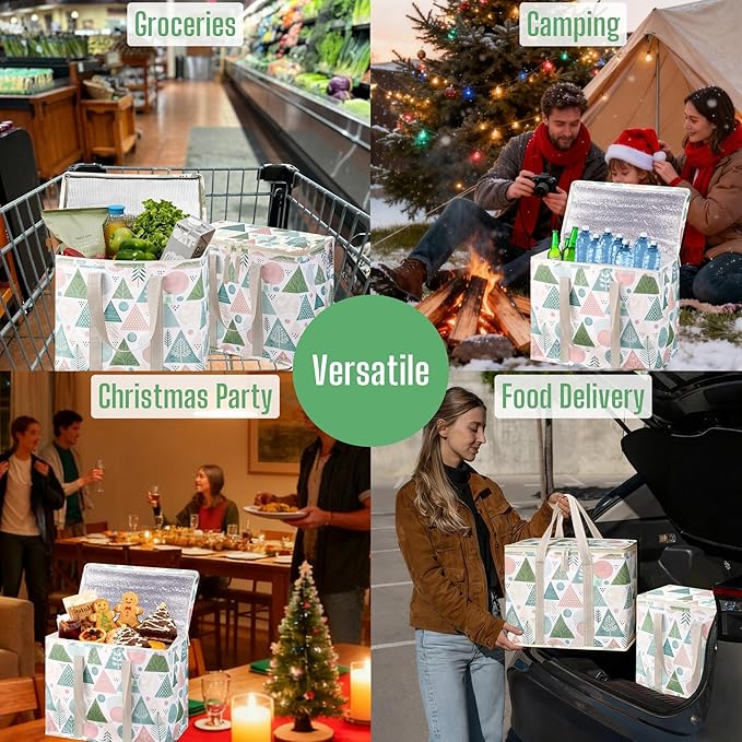 VENO 2 Pack Cooler Bag, Insulated Grocery Bags for Food Delivery, Collapsible Cooler, Reusable Shopping Bags for Groceries, Hard Bottom, Water Resistant, Zippered, Foldable (Pastel Forest, 2 Pack)