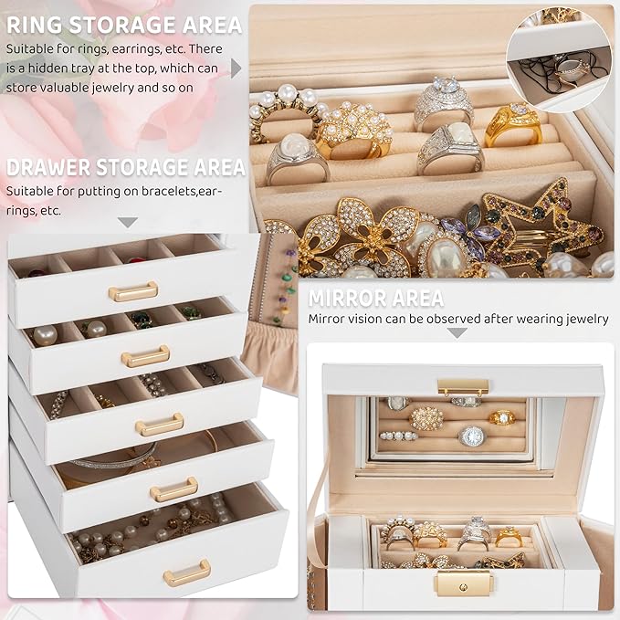 AKOZLIN 6-Tier Jewelry Box Lockable Leather Jewelry Storage Case with 5 Drawers for Women Girls Ring Necklace Earring Bracele