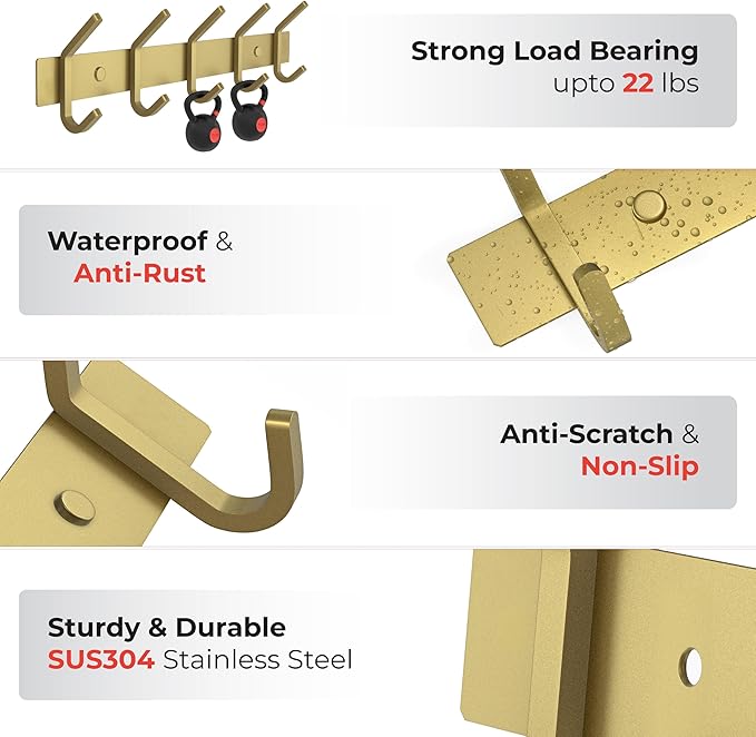 Brushed Gold Wall Mounted Coat Rack – 15 Inch Stainless Steel Rail with 5 Double Coat Hooks for Entryway, Bathroom, Bedroom, 