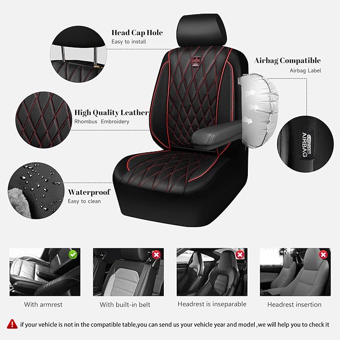 CAR PASS Piping Luxury Leather Seat Covers Full Set,5 Seats Anti-Slip Waterproof Seat Covers Compatible with Front Armrests,U