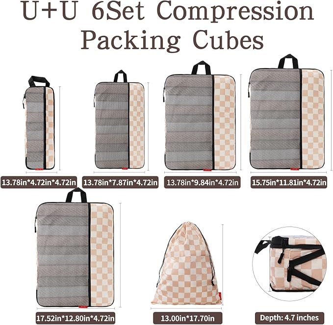 U+U 6 Set Compression Packing Cubes - Ultralight Travel Organizers with Laundry Bag, Space-Saving Suitcase Organizer for Trav