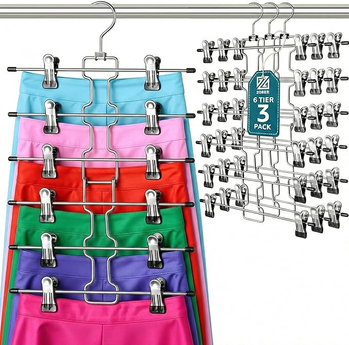 ZOBER 3-Pack 6-Tier Skirt Hangers with Clips - Pants Hangers with Clips Space Saving, Closet Organization, Swivel Hooks, Coll