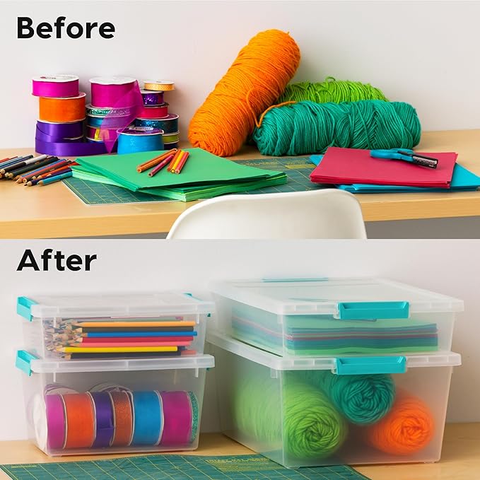 IRIS USA 6 Qt. Craft Storage Bins with Lids, 3-Pack, |Made in USA|, Clip Box, Small Plastic Sensory Bin Tote Organizer Contai
