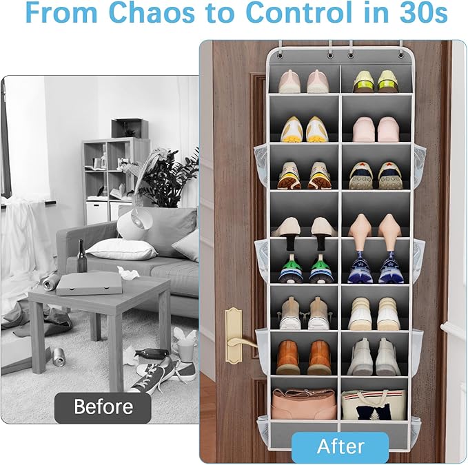 Yecaye 8 Tier Over the Door Shoe Organizer of Deep 16 Compartments, 50lbs Load Shoe Rack for Door in Oxford Holds 16-24 Pairs