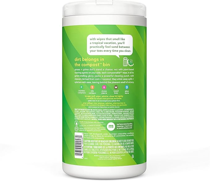 Method All-Purpose Cleaning Wipes, Lime + Sea Salt, Multi-Surface, Compostable, 70 Count (Pack of 6)