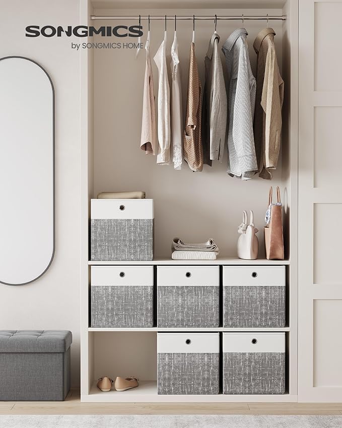 SONGMICS Storage Cubes, Set of 6 Foldable Fabric Storage Boxes, Cube Organizer Boxes with Handles, for Closet Shelves, Odorle