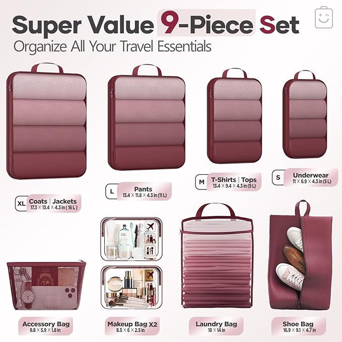 Veken 9/11 Set Compression Packing Cubes for Travel Essentials,Compressible Expandable Large Luggage Suitcase Organizer Bags 
