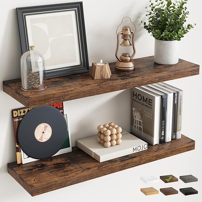 32 Inch Floating Shelves for Wall Set of 2, 8"D Wood Grain Bathroom Shelves with Invisible Brackets, Easy Install Engineered 