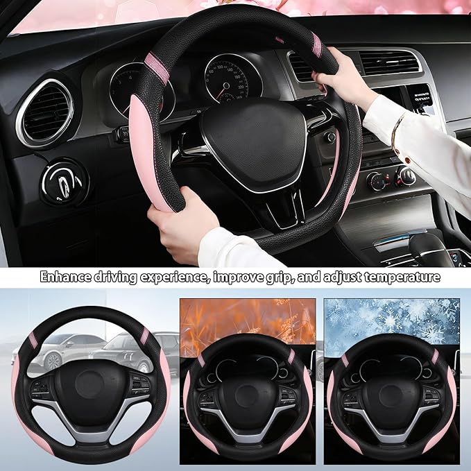 Cxtiy Pickup Truck Steering Wheel Cover – Sproty Fahsion Premium Leather Universal Non-Slip Steering Wheel Grip Set for Women