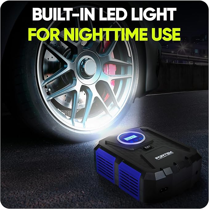 FORTEM Tire Inflator Portable Air Compressor, Air Pump for Car Tires and Bikes, Car Tire Pump w/Auto Shut Off, 150 PSI, 110V AC 12V DC, LED Light, Carrying Case, for Men, Women