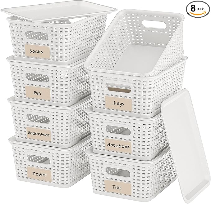 8-Pack White Plastic Storage Baskets with Lids, Label Organizers, Stackable Organizer Containers: For Organizing Shelves, Dra
