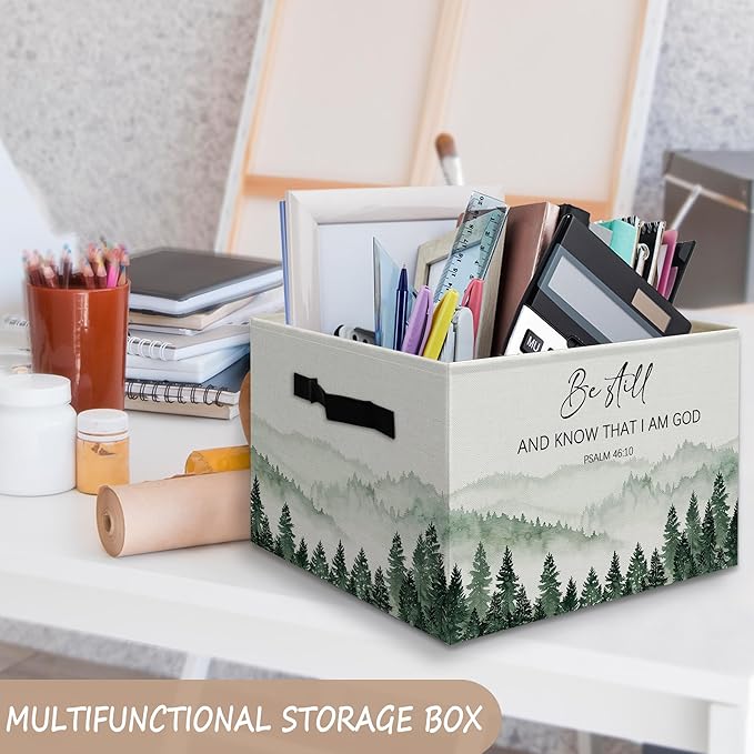 Forest Christian Basket Foldable Storage Bins Box with Handles, Be Still and Know That I Am God Bible Verse Religious Collaps