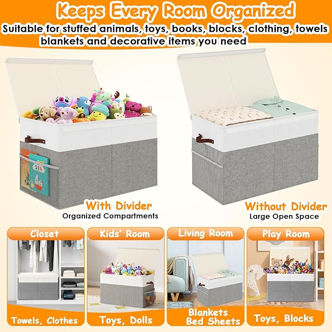 Large Toy Storage Box with Lid Upgraded Toy Storage Chest Organizer with Divider Foldable Toy Bin for Kids Boys Girls Playroo
