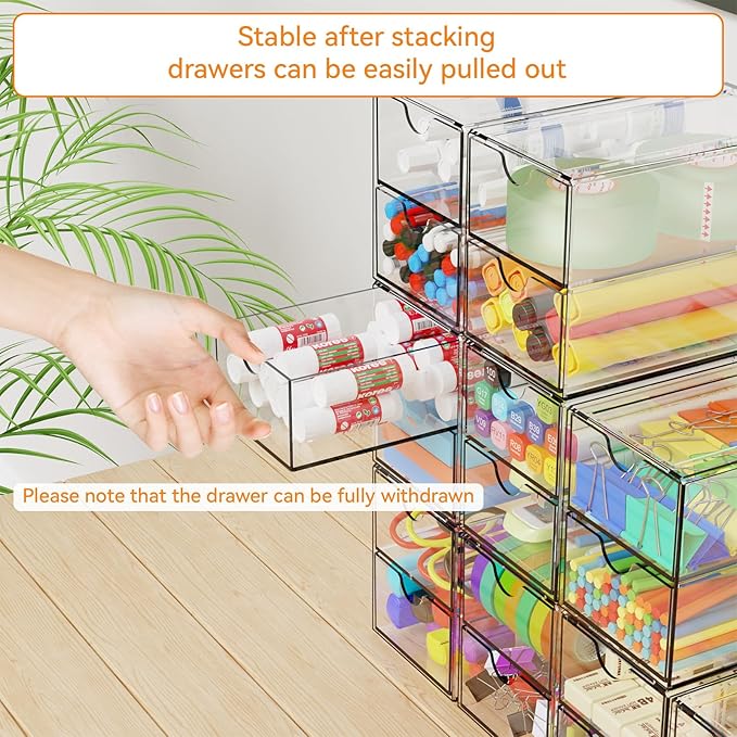 Yieach 9 Pack Small Acrylic Drawers With 18 Drawers,Clear Drawer Organizers Stackable,School,Office Supplies Organizer And St